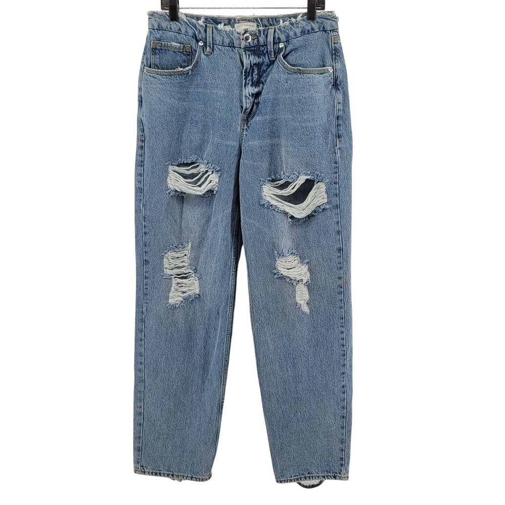 Good American High Rise Distressed‎ Straight Leg Jeans 10 /30 Blue Denim Indigo